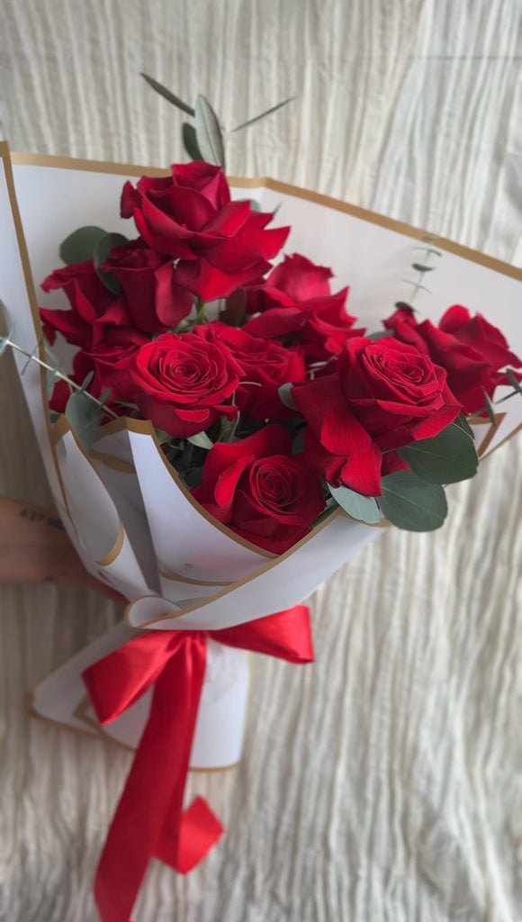 Modern & Reflexed Dozen Red Rose Hand tied Bouquet - Beaudry Flowers