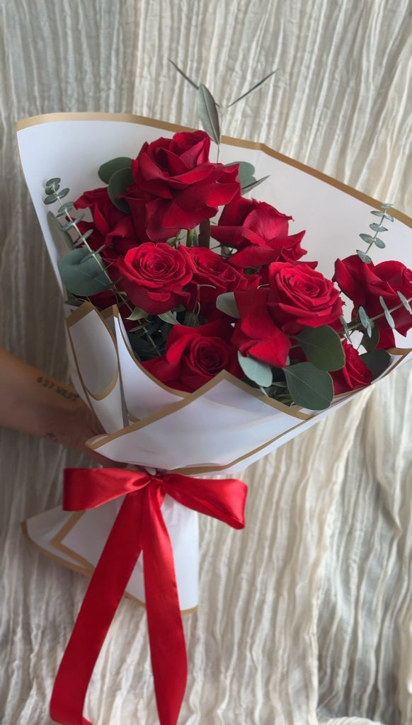 Modern & Reflexed Dozen Red Rose Hand tied Bouquet - Beaudry Flowers